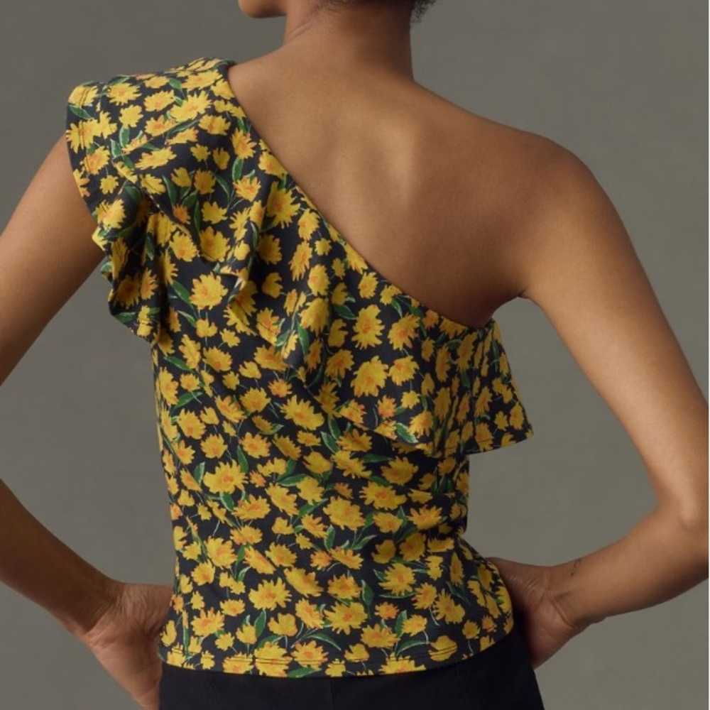 Anthropologie Maeve One-Shoulder Ruffled Top NWT Medium Floral Yellow Flowers - Picture 4 of 11